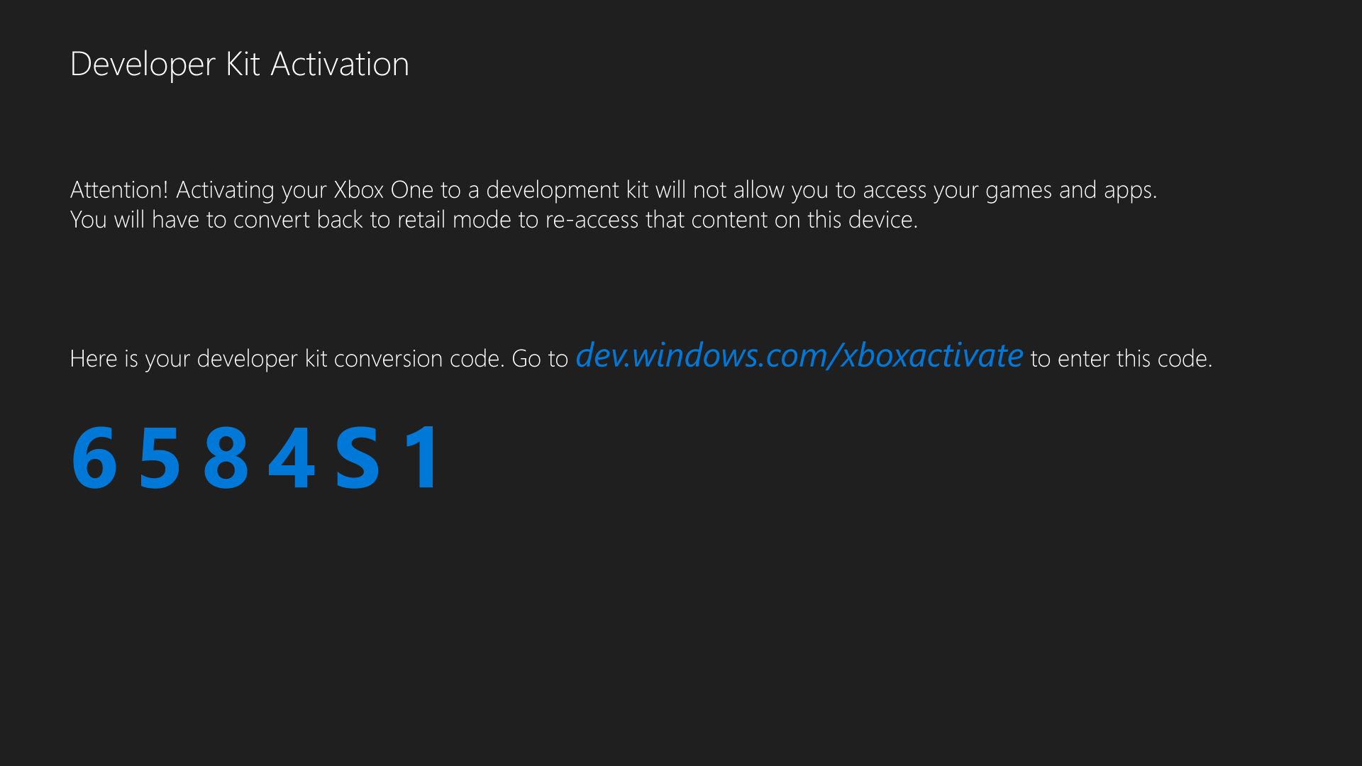 Xbox One Dev Kit Activation